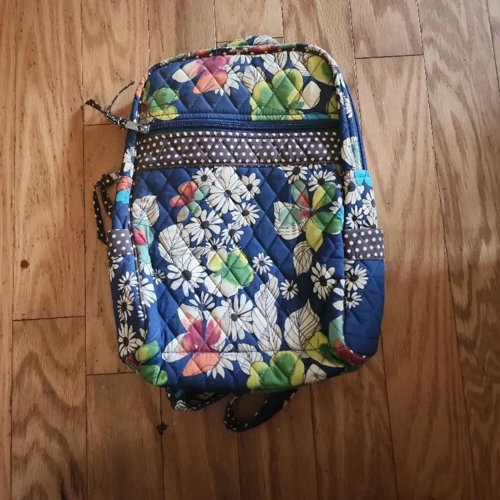 Quilted Backpack Womens Navy Blue Floral Polka‎ Dot Zipper Boho